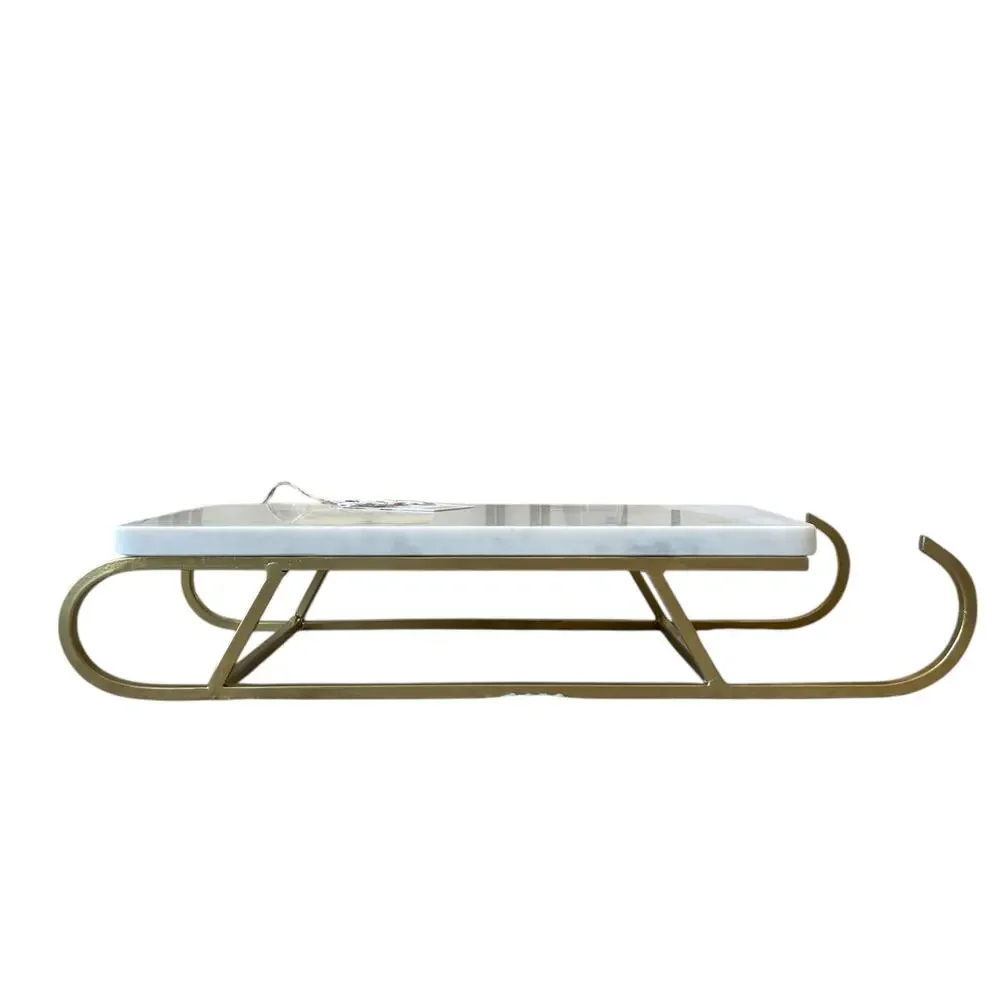 Marble Sledge Holiday Serving Tray 18x8 White & Gold Metal Handmade in India